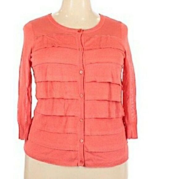 Talbots Cardigan Petite Plus Size 1XP Ruffle Knit Tiered Light Button Up Coral - Picture 2 of 10
